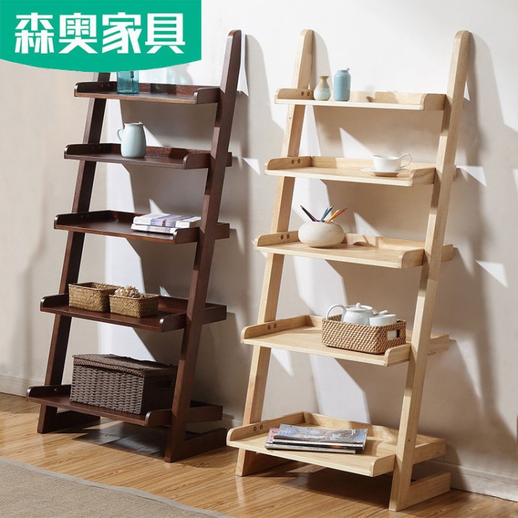 【森奧】美式置物架客廳墻角簡約五層梯形置物架實木北歐書架落地