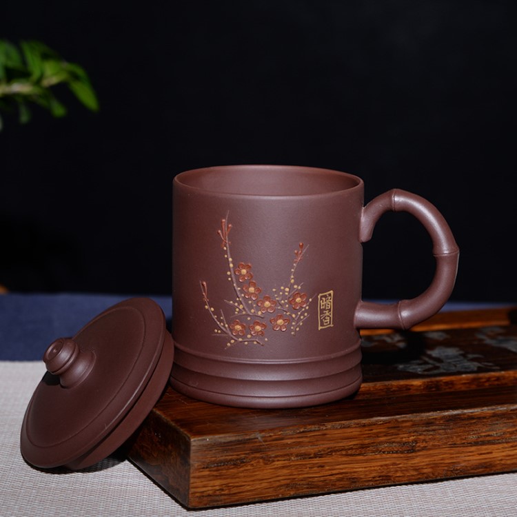 宜興紫砂蓋杯手繪精品茶杯梅花手工藝品竹節功夫茶具禮品