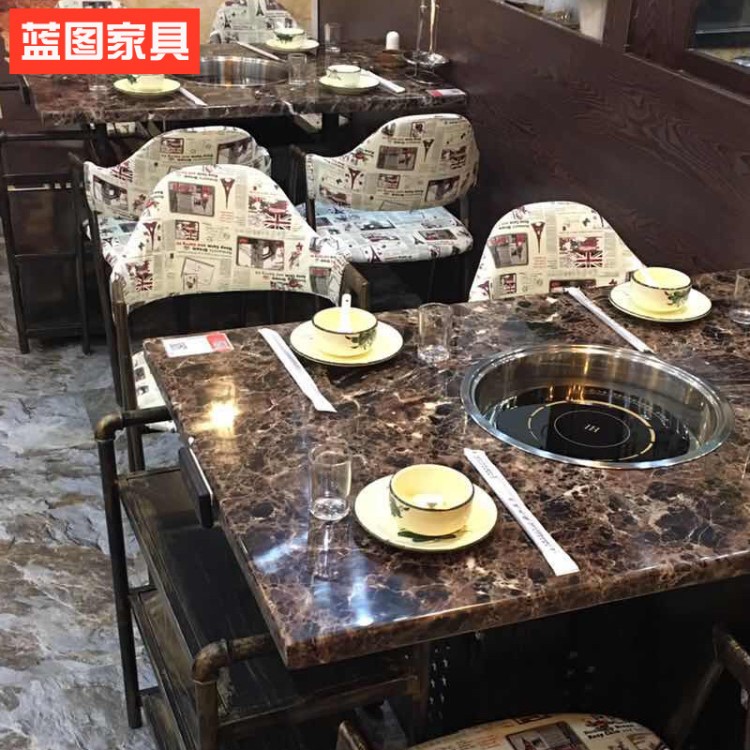 簡約現(xiàn)代人造石西餐桌椅組合自助餐廳火鍋店大理石電磁爐一體餐桌
