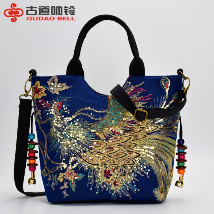 2018新款民族風(fēng)繡花包包帆布孔雀刺繡小女包中年單肩手提斜跨包