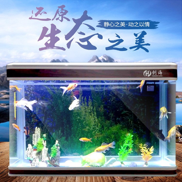 創(chuàng)海魚缸水族箱中型玻璃金魚缸客廳家用長方形免換水桌面小型魚缸