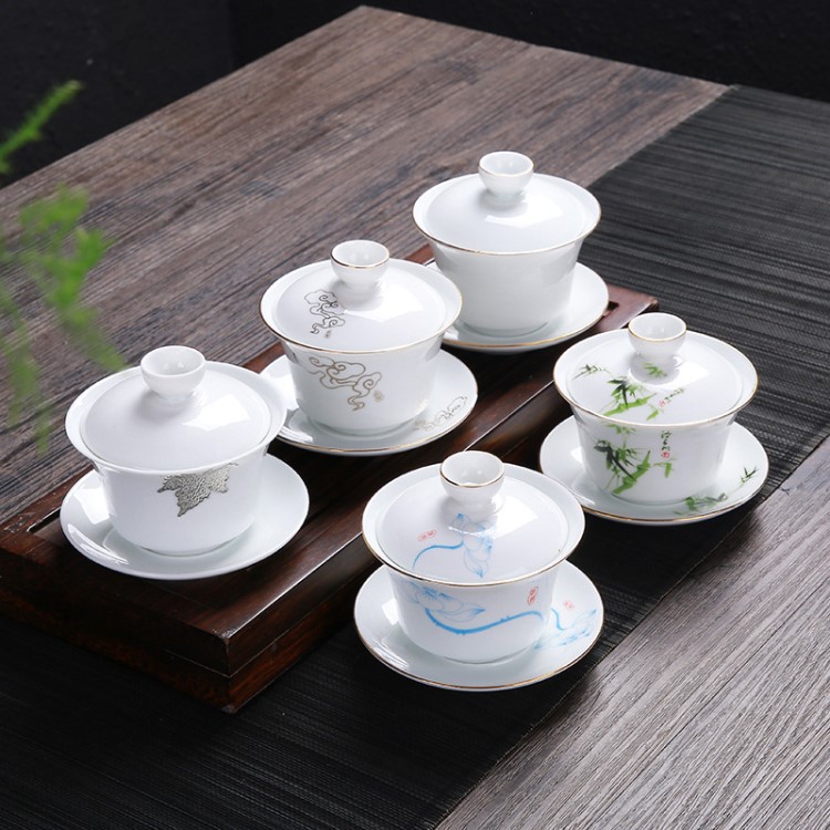 佐尓 德化白瓷蓋碗陶瓷青花描金功夫茶具泡茶杯茶碗三才蓋碗大號(hào)
