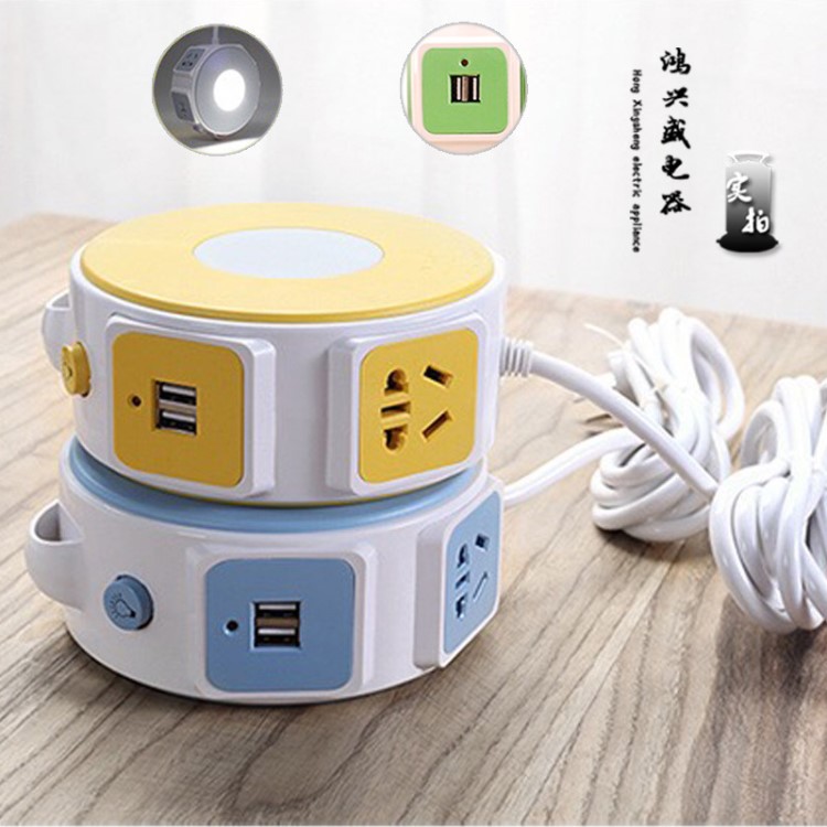 新產(chǎn)品USB充電圓盤(pán)插座 國(guó)標(biāo)五孔插排家居智能排插LED帶燈電插座