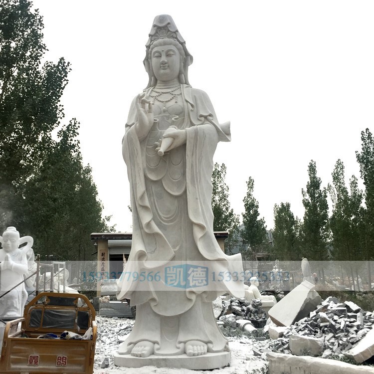 曲陽石雕觀音佛像 漢白玉楊柳滴水觀音 神話人物雕塑 寺廟供奉