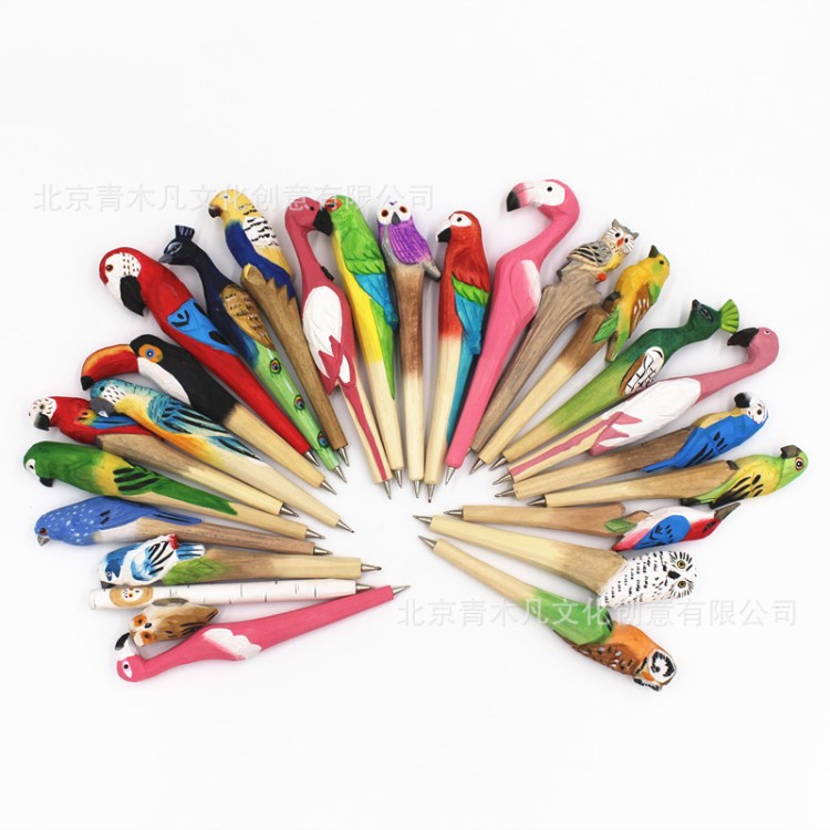 可愛動物造型原木雕刻筆 手工火烈鳥木雕筆 動物木頭筆