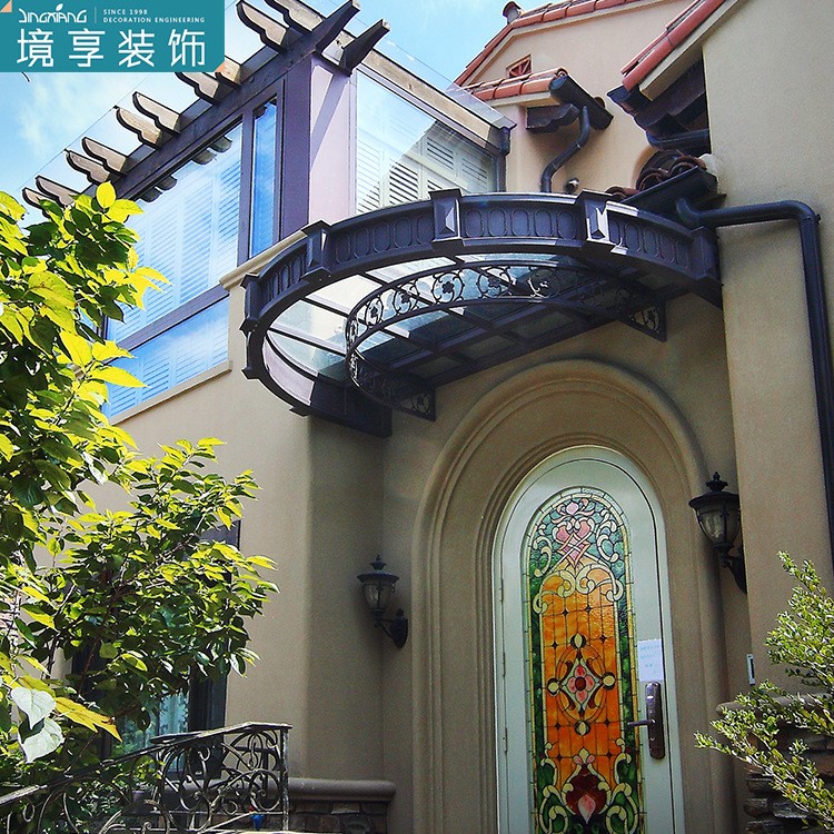 廠家定制別墅庭院門頭鋼結(jié)構(gòu)玻璃雨棚設(shè)計(jì)個性歐式鋼化玻璃雨棚
