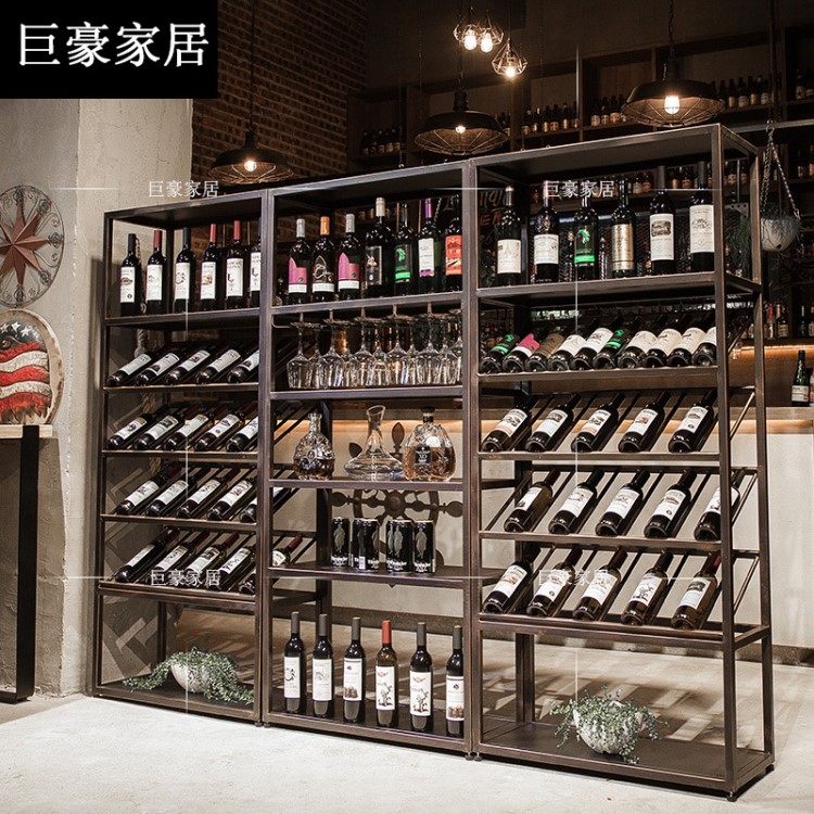 美式复古铁艺酒柜落地酒吧酒架 葡萄酒收纳展示架 红酒杯架置物架