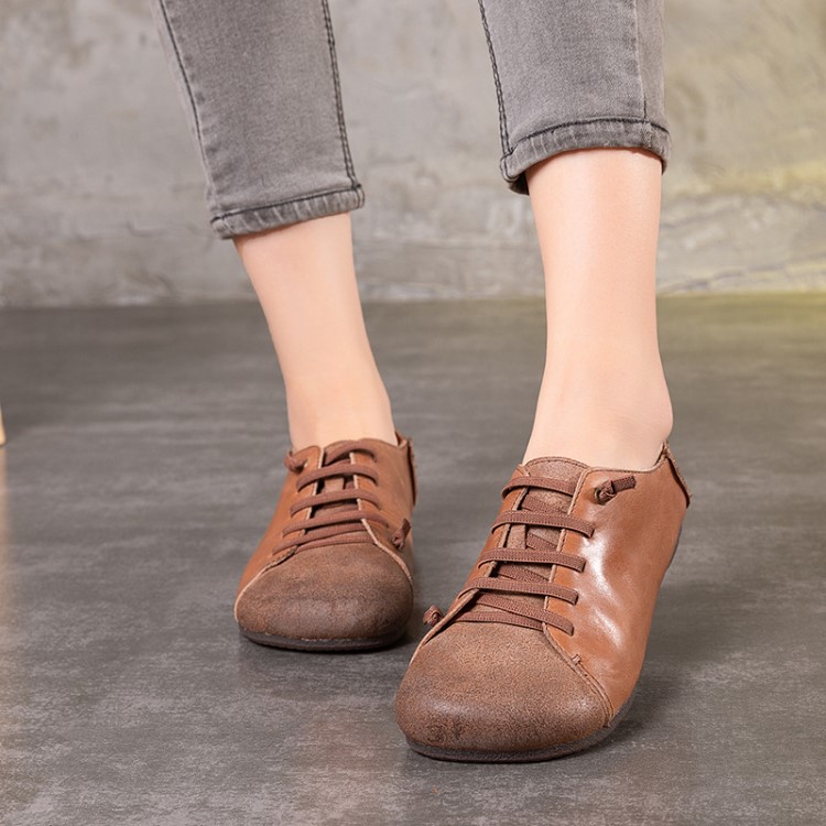 匯族美單鞋女士2018秋季復古手工真皮女鞋系帶兩穿平底懶人鞋