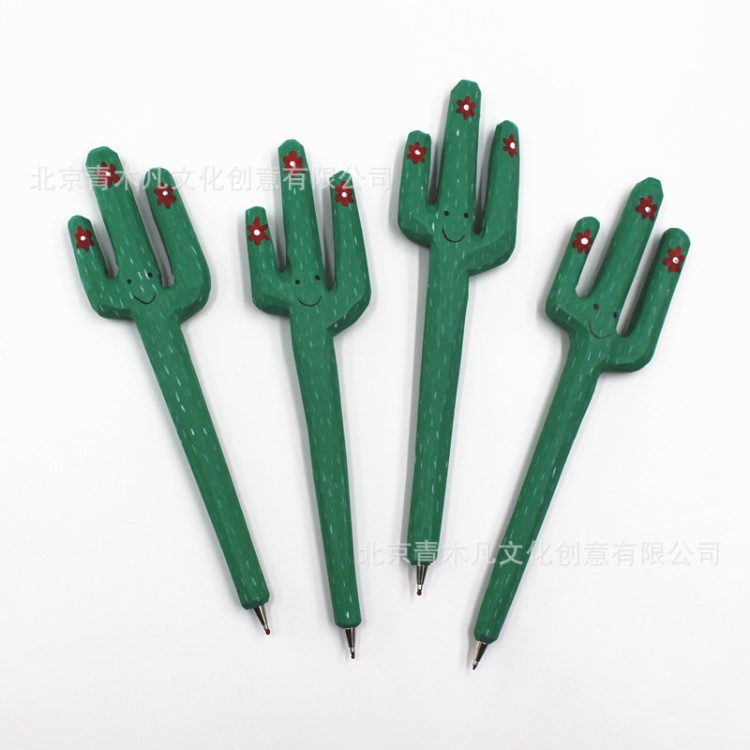 可愛仙人掌造型原木雕刻筆 手工木頭筆 植物木刻筆