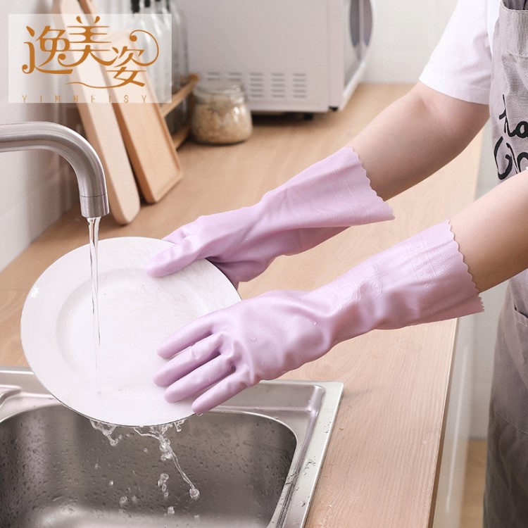 乳膠洗衣洗碗廚房防水防滑家用保暖手套加絨PVC植絨家務(wù)清潔手套