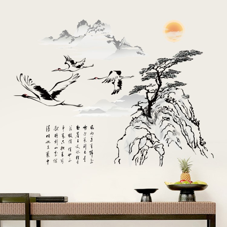 墻貼批發(fā)新款中國風(fēng)水墨山水畫飛鶴臥室書房客廳裝飾墻貼AM9119