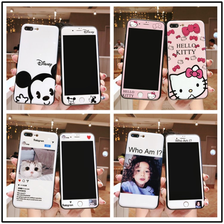 華為全光油手機殼iPhoneX卡通套裝7plus/8plus仿玻璃保護套適用