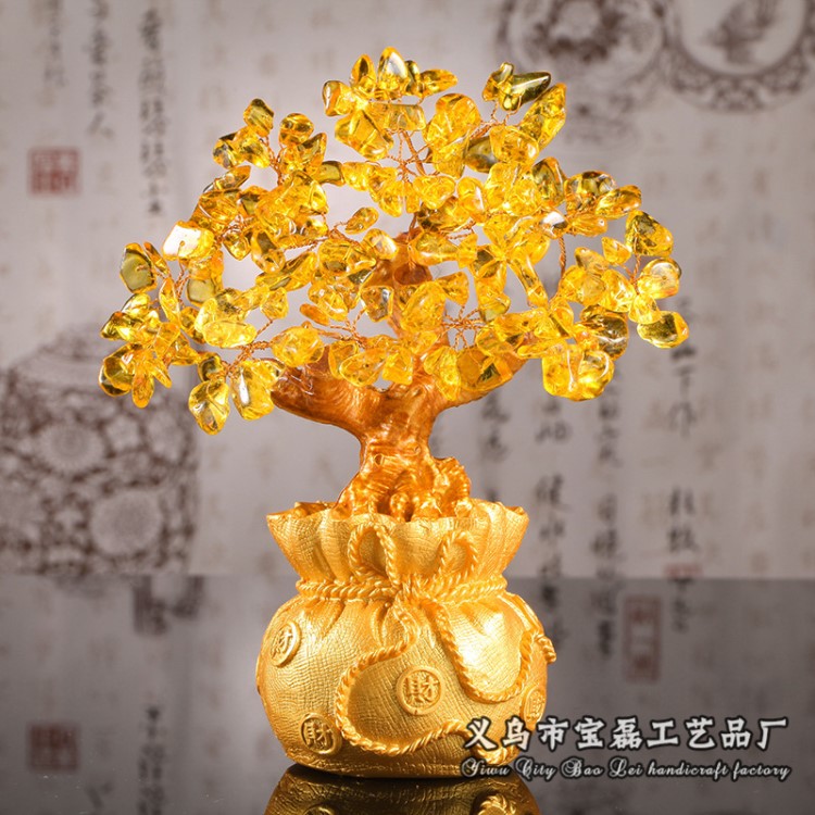 新款黃水晶招財樹發財樹錢袋擺件搖錢樹家居裝飾用品擺設廠家批發