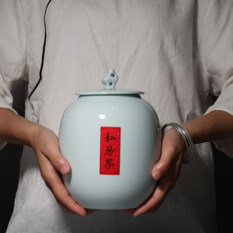 影青白瓷大號手繪茶葉罐 陶瓷密封儲茶罐 防潮罐子禮盒裝家用