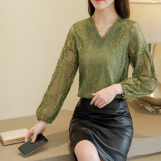 2018秋冬季新款女裝雷絲拼接花邊有里布 燈籠長袖 修身上衣