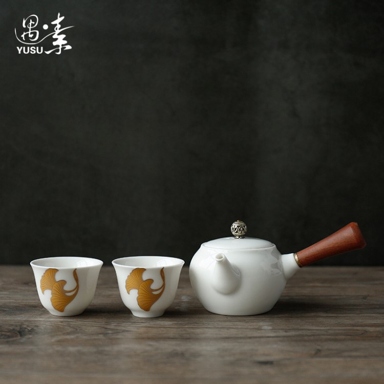 遇素 快客杯一壺二杯陶瓷茶杯銀杏茶壺便攜旅行辦公茶具批發定制L