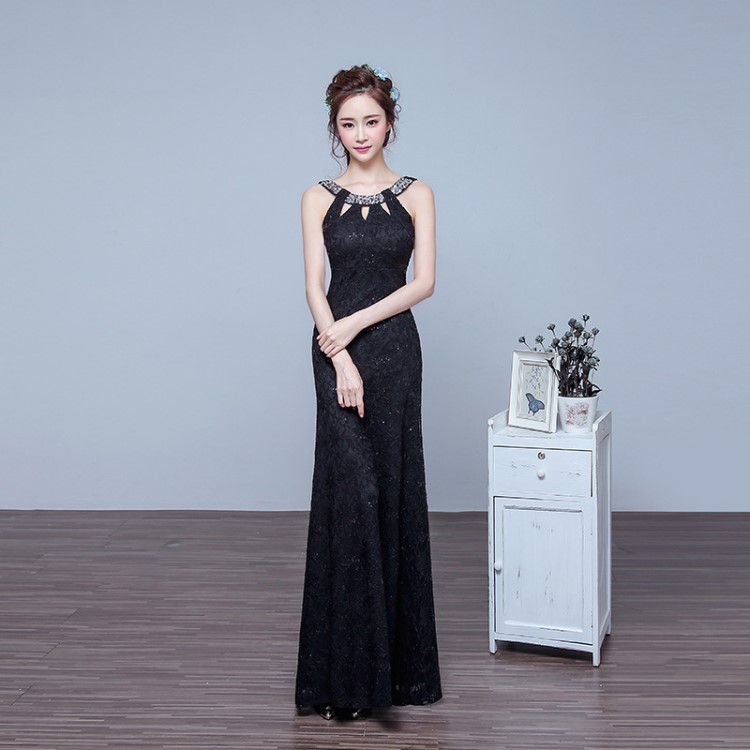 2019春款歐美長(zhǎng)款黑色晚禮服 掛脖蕾絲鏤空敬酒服年會(huì)主持禮服