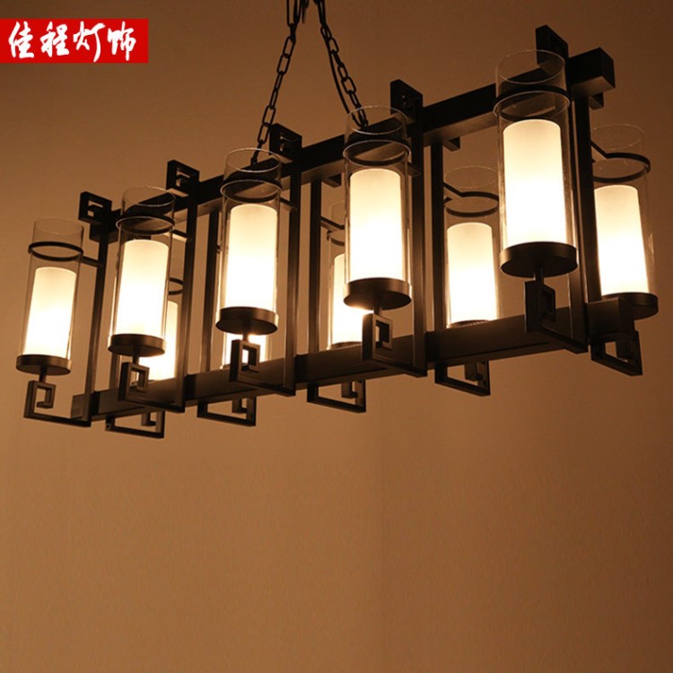 新中式吊燈會所咖啡廳鐵藝餐廳燈裝修工程燈長方形吧臺燈廠家直銷
