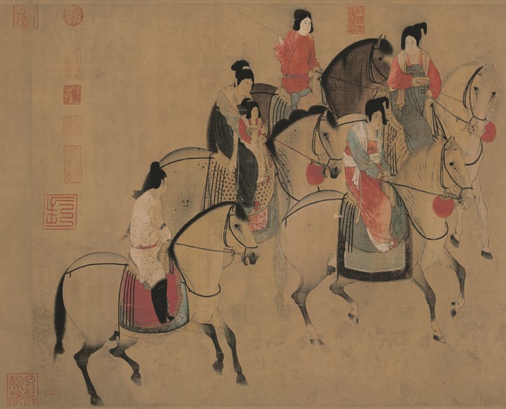 《虢國(guó)夫人游春圖》真絲畫(huà) 絲綢仿古卷軸裝裱 工筆仕女書(shū)法中國(guó)畫(huà)