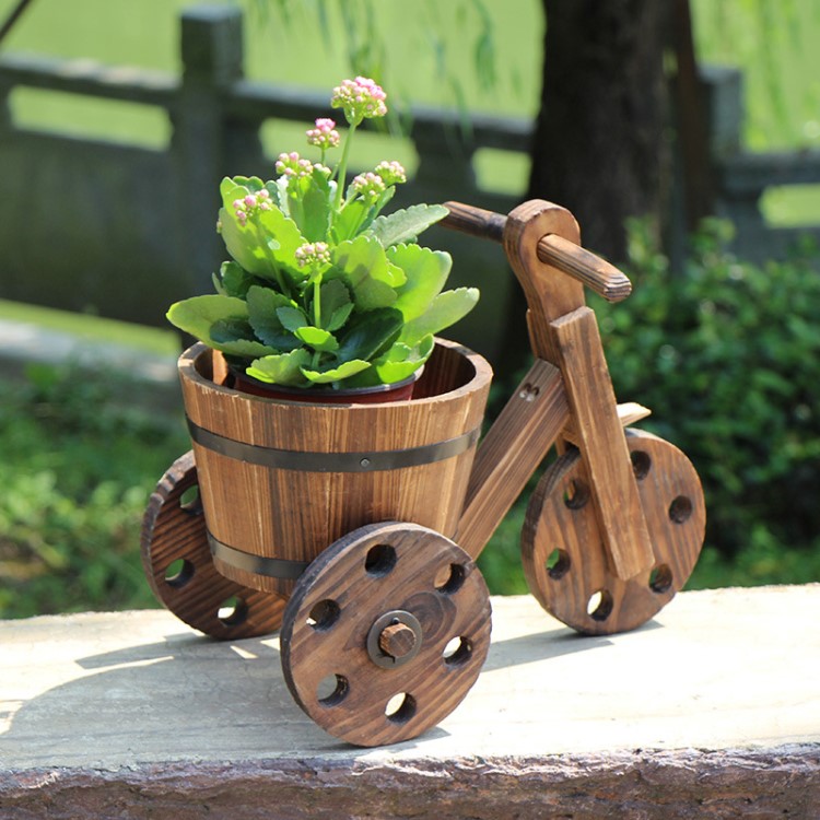 推式小花車花架 復(fù)古田園風(fēng)家庭園藝用具花盆容器 碳化防腐木花箱