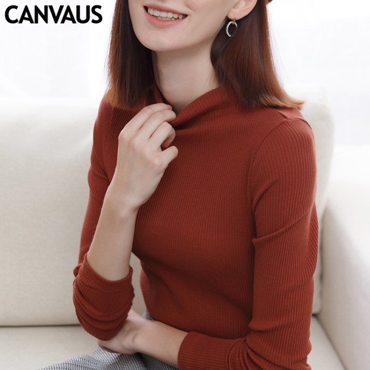 CANVAUS秋冬棉質(zhì)半高領(lǐng)保暖修身長袖打底衫女士套頭色T恤F1146A