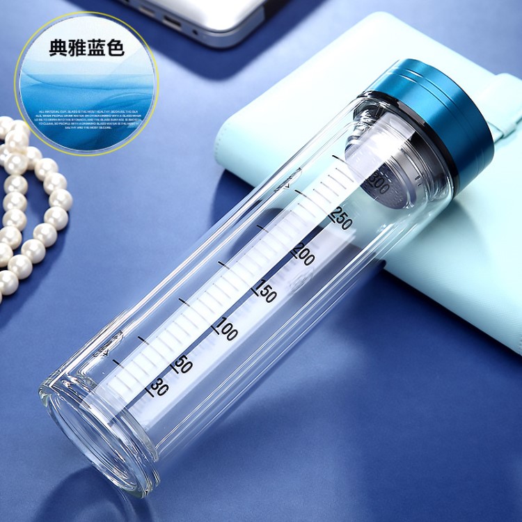 雙層加厚玻璃杯 帶刻度家用水杯 男女士便攜杯子耐熱泡茶杯可定制