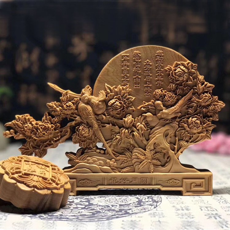崖柏月餅中秋節(jié)擺件 實木質(zhì)雕刻紅木工藝品月餅套裝禮盒裝送禮