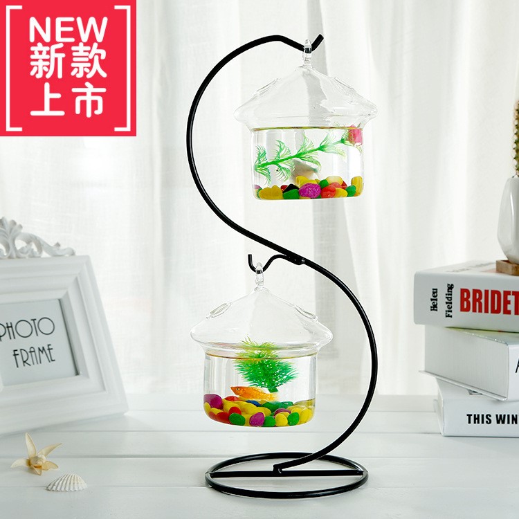 房屋型玻璃魚(yú)缸鐵藝擺件花瓶微景觀多肉植物生態(tài)瓶套件工藝品廠家