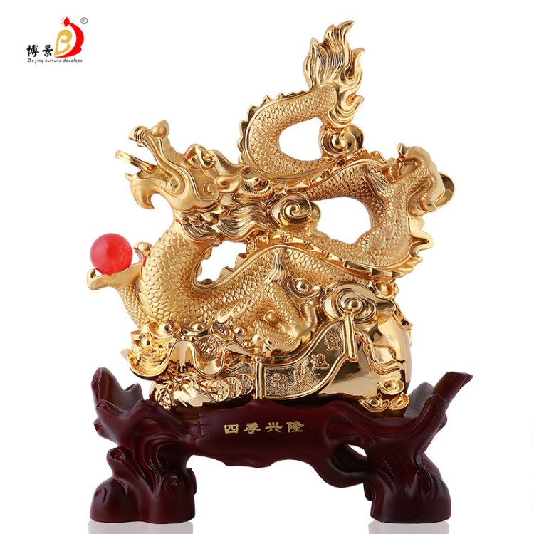 新款生意興隆招財興業禮品 中式沙金工藝品祥龍雕刻鍍金擺件