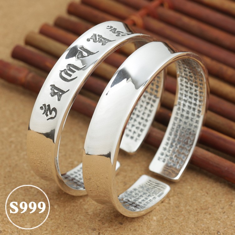 S999足銀飾品 大悲咒銀手環(huán) 光面開口麗江寬版手鐲 批發(fā)