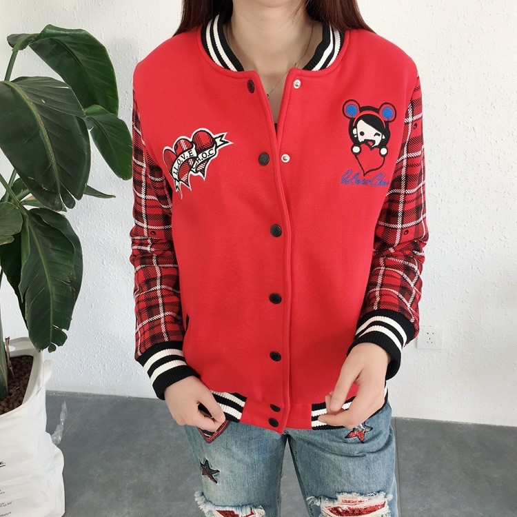 2017秋冬新款 女孩巧克力加厚加棉印花棒球服外套 女裝刺繡棉衣