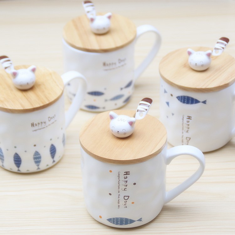 貓咪愛魚奶茶杯 立體水杯帶蓋帶勺陶瓷杯定做 禮品杯子創(chuàng)意學(xué)生杯