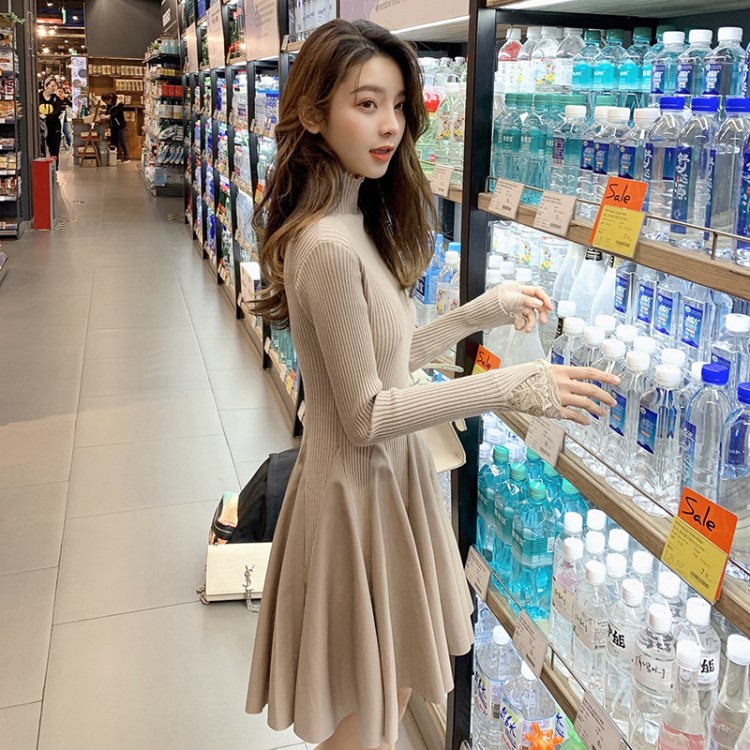 高領針織連衣裙女2019春季新款拼接皮打底修身高腰A字中裙F5655