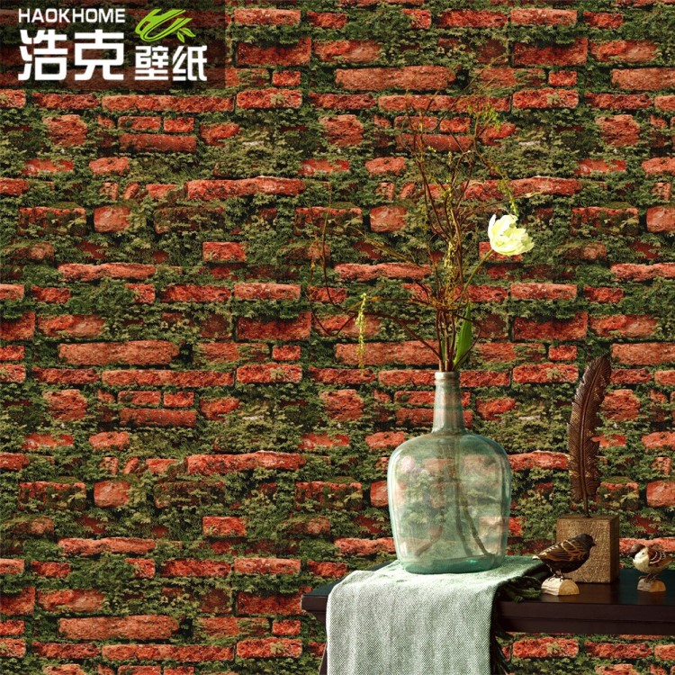 工業(yè)風(fēng)3D立體紅磚紋復(fù)古磚草紋墻紙 網(wǎng)吧餐廳咖啡廳工程裝修壁紙