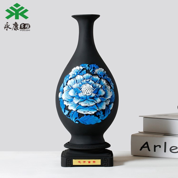 木質(zhì)底座活性炭雕芙蓉陶瓷花瓶工藝品擺件創(chuàng)意商務(wù)會(huì)議禮品