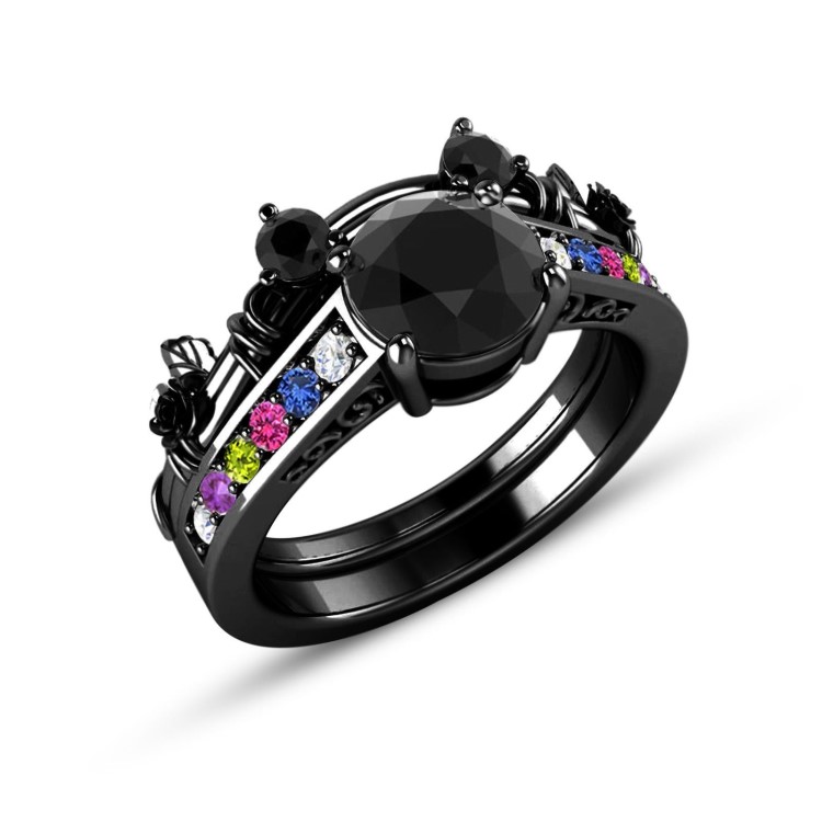 臻榮 新款創意鑲嵌彩色鋯石黑金戒指 女歐美彩寶黑槍色玫瑰花套戒