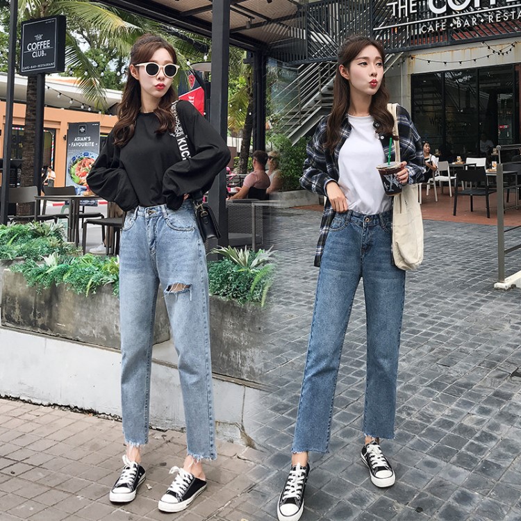 2019春季新款高腰直筒九分褲明星同款韓版寬松哈倫牛仔褲女