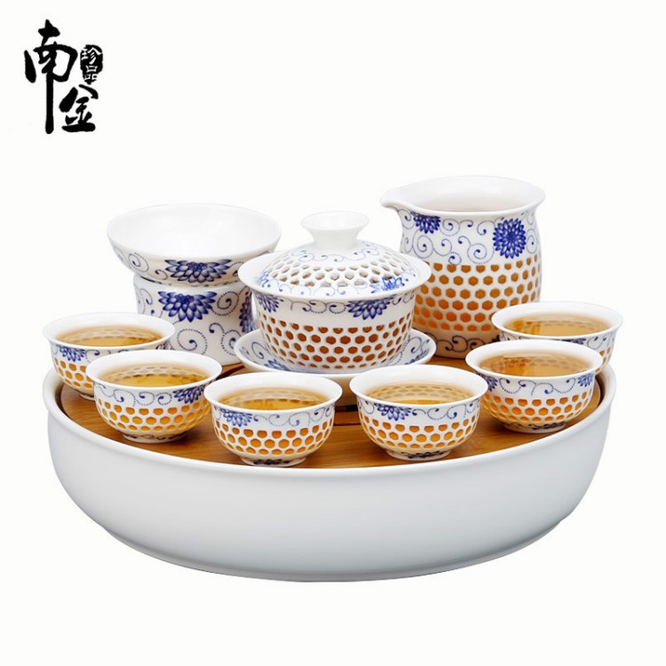 青花玲瓏瓷茶具套裝干泡臺竹盤整套功夫茶具景德鎮蓋碗 源廠家
