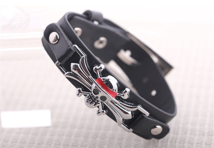 原創設計骷髏頭小配飾皮手鏈 不銹鋼復古歐美風潮男編制手鏈飾品