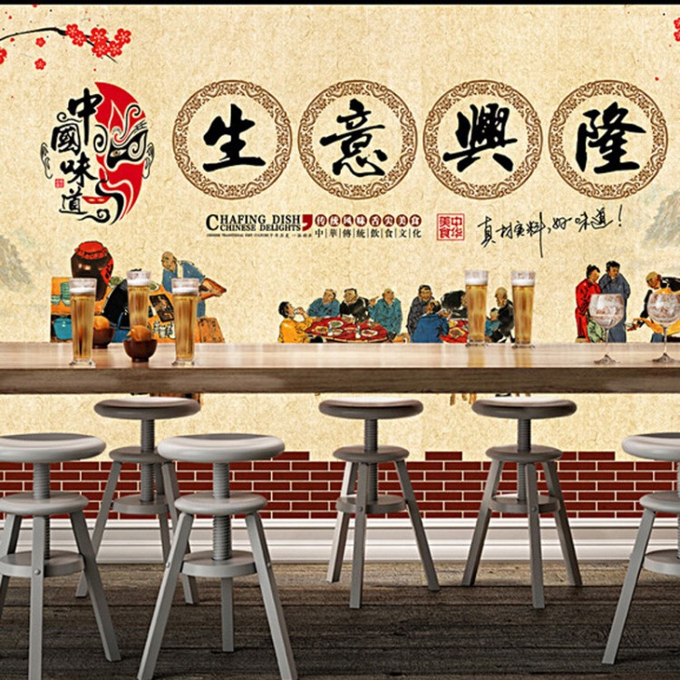 生意興隆中華美食餐飲酒店背景墻 美食小吃城手繪人物背景壁畫