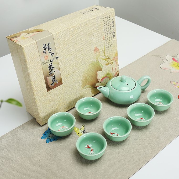 廠家批發功夫青瓷魚杯茶具套裝商務中秋禮品禮盒陶瓷定制logo