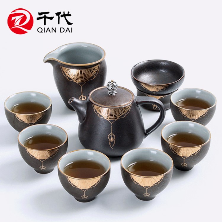 千代 仿古鐵銹銀斑功夫茶具 窯變鐵銹釉補丁茶具套裝 茶壺茶器