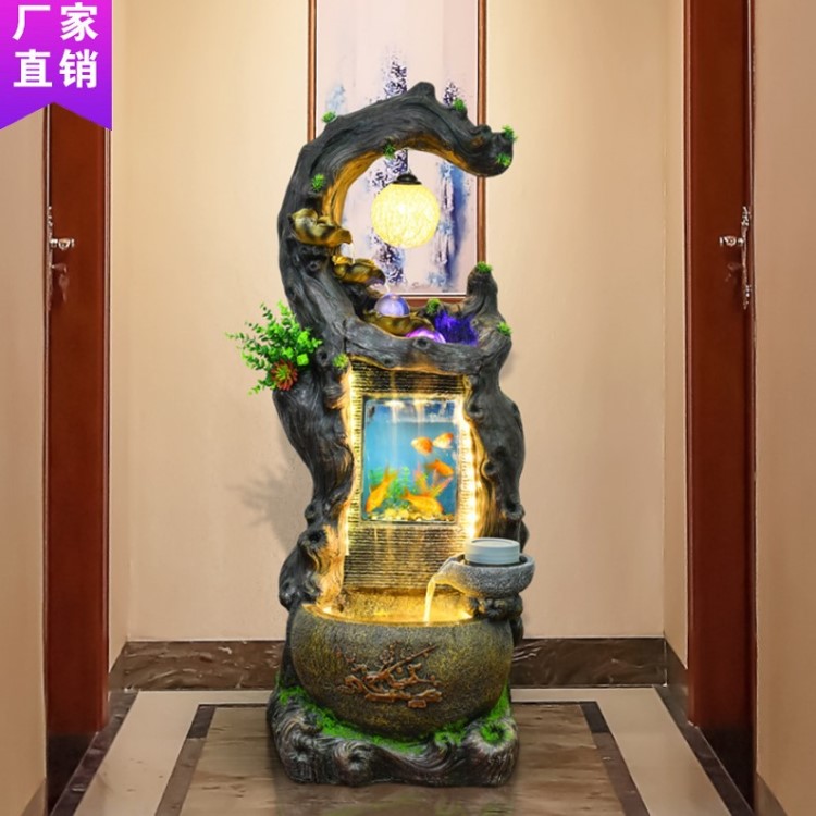 中式室內(nèi)玄關(guān)創(chuàng)意客廳魚缸招財擺件風水球流水噴泉落地家居裝飾品