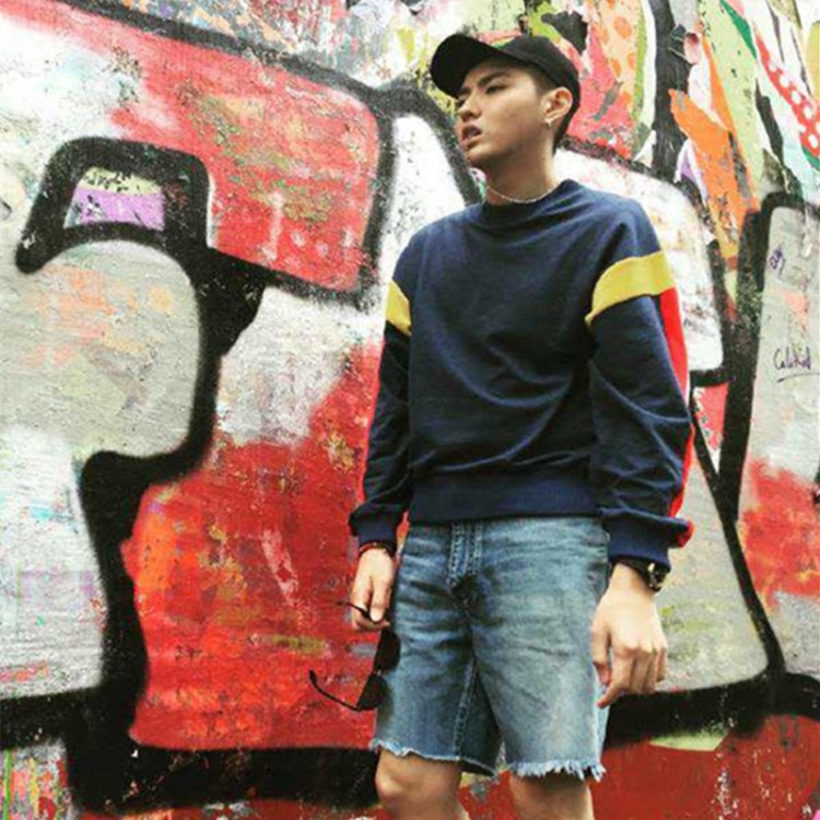 吳亦凡鹿晗同款圓領衛衣街拍袖口拼色加絨男女休閑寬松打底外套潮