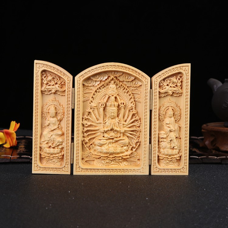 廠家直銷黃楊木雕三開佛像千手觀音佛教擺飾木質工藝禮品創意擺件