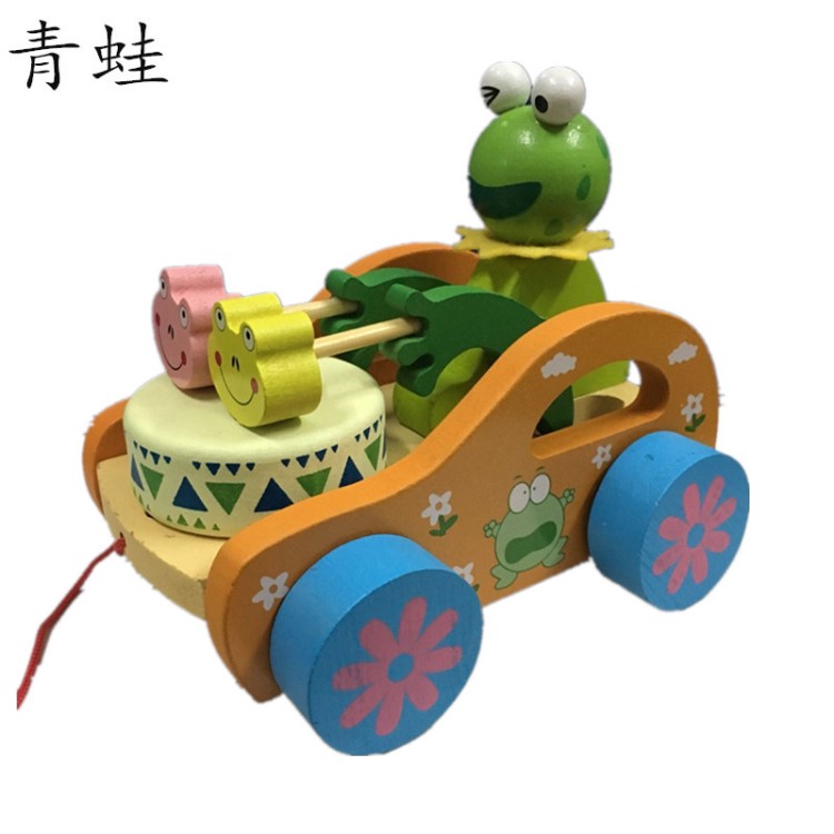 嬰幼兒智力開發(fā)玩具木制拉車玩具拉線動物青蛙會打鼓會走廠家直銷