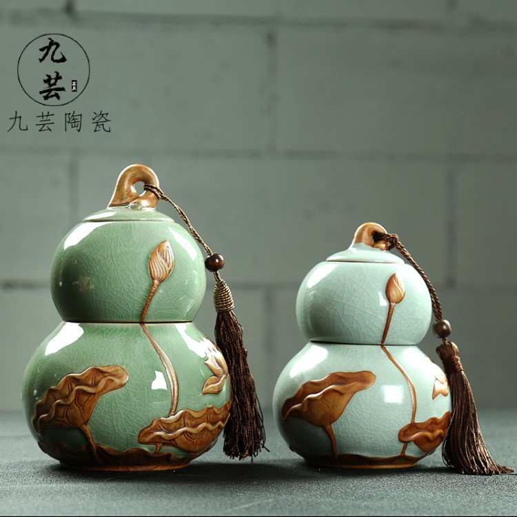 陶瓷茶葉罐密封式大號(hào)小號(hào)儲(chǔ)茶罐哥窯雙層葫蘆茶葉罐醒茶罐批發(fā)