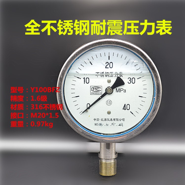 Y100BFZ 1.6級 級全不銹鋼耐震壓力表 紅旗