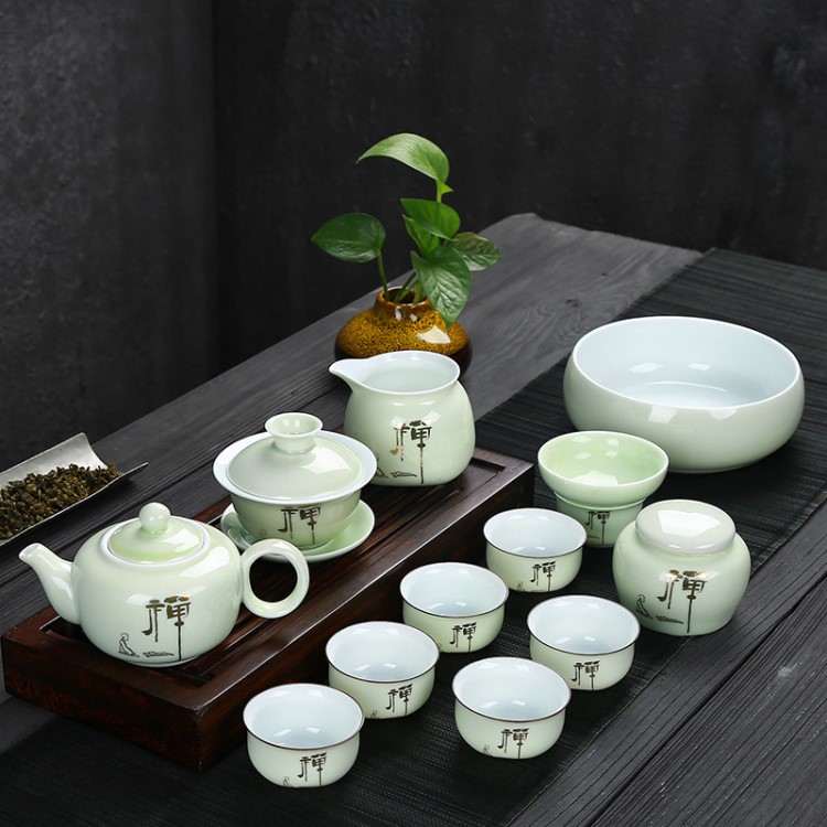 翡翠綠青瓷薄胎茶具套裝手繪陶瓷功夫茶具茶杯整套透光骨質瓷