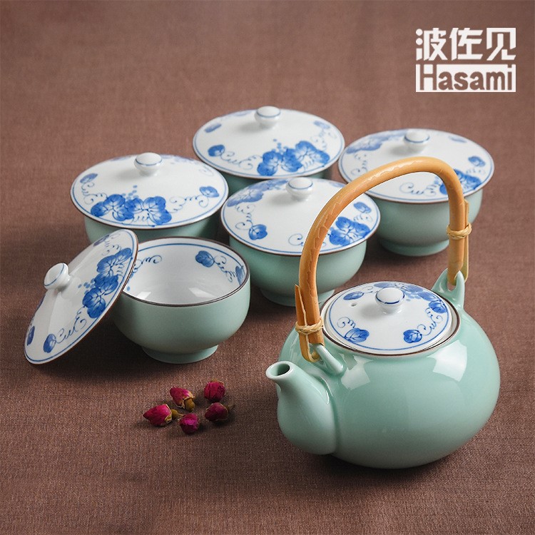 波佐見日本陶瓷茶具套裝手工天青釉提梁茶具商務(wù)禮品套裝批發(fā)